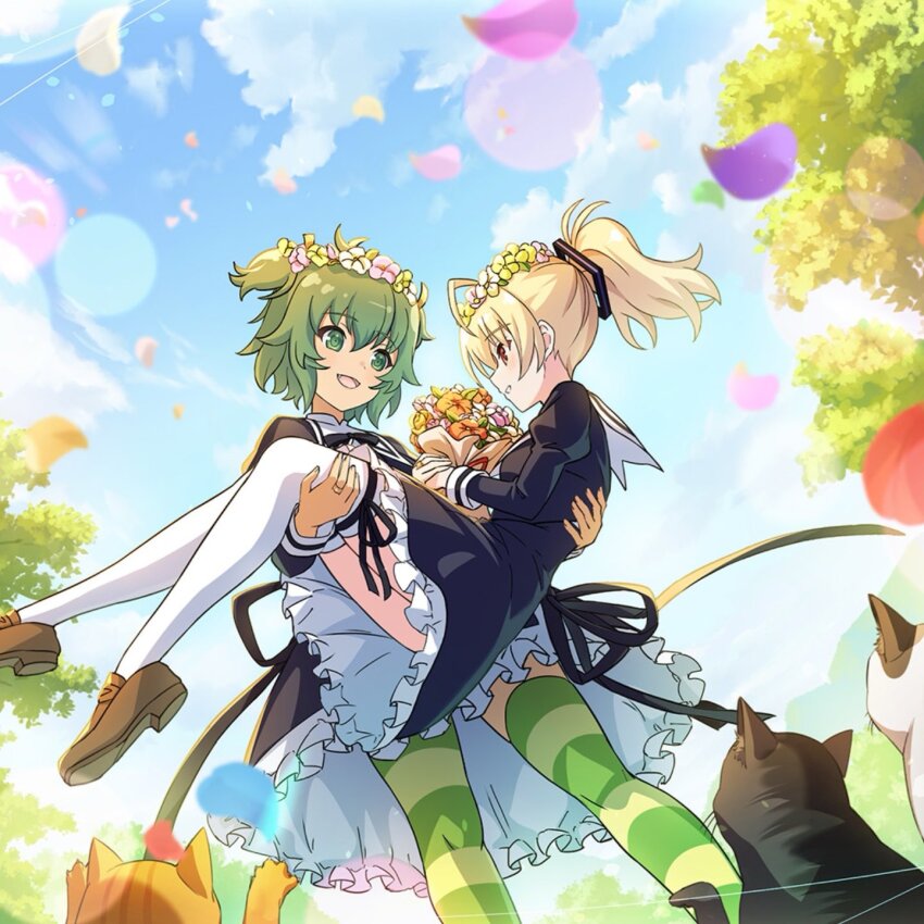 2girls ando_tazusa assault_lily black_bow black_bowtie black_ribbon blonde_hair bouquet bow bowtie carrying cat falling_petals flower frilled_skirt frills green_eyes green_hair head_wreath highres holding holding_flower multiple_girls petals princess_carry pussowl_music red_eyes ribbon school_uniform shoes short_hair skirt smile thighhighs white_thighhighs yoshimura_thi_mai yuri yurigaoka_girls_academy_school_uniform