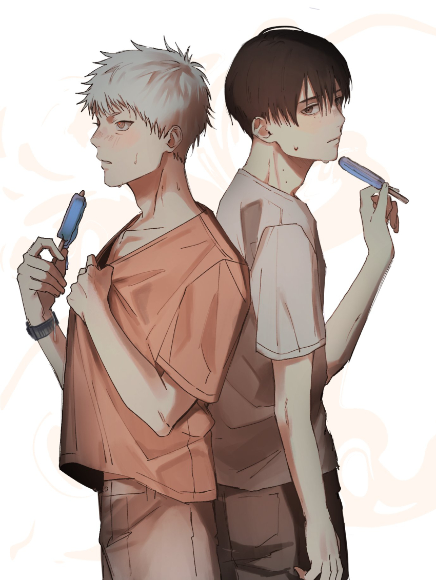 2boys adam&#039;s_apple alternate_costume back-to-back black_hair black_pants blush commentary_request cowboy_shot food from_side highres hikaru_(hikaru_ga_shinda_natsu) hikaru_ga_shinda_natsu holding holding_food holding_popsicle hot looking_at_viewer male_focus melting_popsicle mole mole_on_neck mole_under_eye multiple_boys multiple_moles pants popsicle sajujutsu shirt short_hair simple_background standing sweat tsujinaka_yoshiki white_hair white_shirt