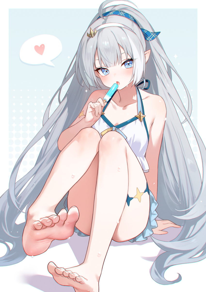 1girl adelie_cat arm_support bare_arms bare_shoulders bikini bikini_skirt blue_bikini blue_eyes blue_hairband breasts checkered_hairband cleavage collarbone commentary extra_pupils feet female_tyrant_(stella_sora) food frilled_bikini frills full_body grey_hair hairband head_tilt heart highres holding holding_food holding_popsicle knees_together_feet_apart long_hair official_alternate_costume official_alternate_hairstyle open_mouth pointy_ears popsicle sitting small_breasts soles solo speech_bubble spoken_heart stella_sora swimsuit thighs toes tyrant_(stella_sora) very_long_hair wet white_bikini