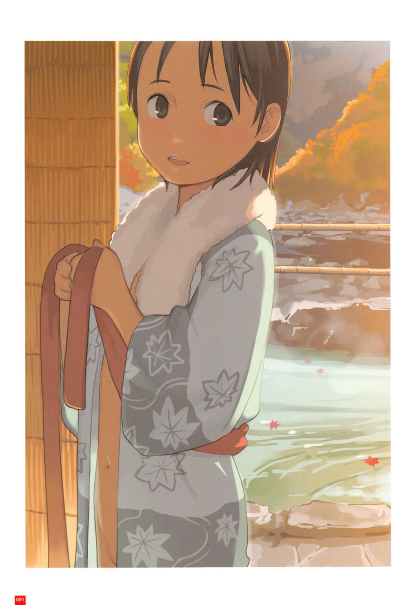 1girl bath_yukata brown_eyes brown_hair female_focus flat_chest highres japanese_clothes kimono leaf loli maple_leaf matching_hair/eyes no_panties onsen open_clothes open_mouth original short_hair solo takamichi towel towel_around_neck underwear yukata