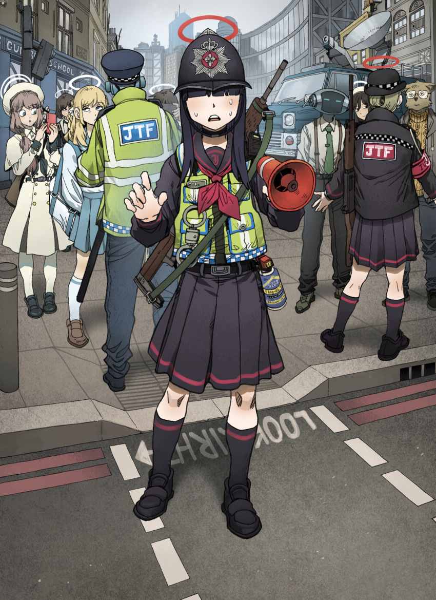 2boys 6+girls android_(blue_archive) assault_rifle battle_rifle black_shoes black_skirt black_socks blue_archive blue_skirt bowler_hat building bullpup chickenapple33 city commentary_request cuffs custodian_helmet dress em-2 fn_fal green_vest gun halo handcuffs hat high-visibility_clothing high-visibility_jacket high-visibility_vest highres justice_task_force_member_(blue_archive) korean_commentary looking_at_viewer m1_garand megaphone metropolitan_police_service motor_vehicle multiple_boys multiple_girls outdoors police police_uniform policewoman rifle robot rolling_eyes school_uniform shoes skirt socks suspenders sweat tea_party_militant_(blue_archive) trinity_student_(blue_archive) van vest weapon white_dress
