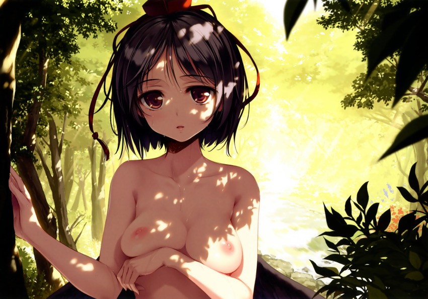 1girl absurdres black_hair black_wings blurry breast_hold breasts collarbone completely_nude dappled_sunlight day depth_of_field female_focus forest hat highres huge_filesize ke-ta lips looking_at_viewer nature nipples nude outdoors parted_lips red_eyes scan shameimaru_aya short_hair solo sunlight sweat tokin_hat topfreedom topless_frame touhou tree tree_shade upper_body wings