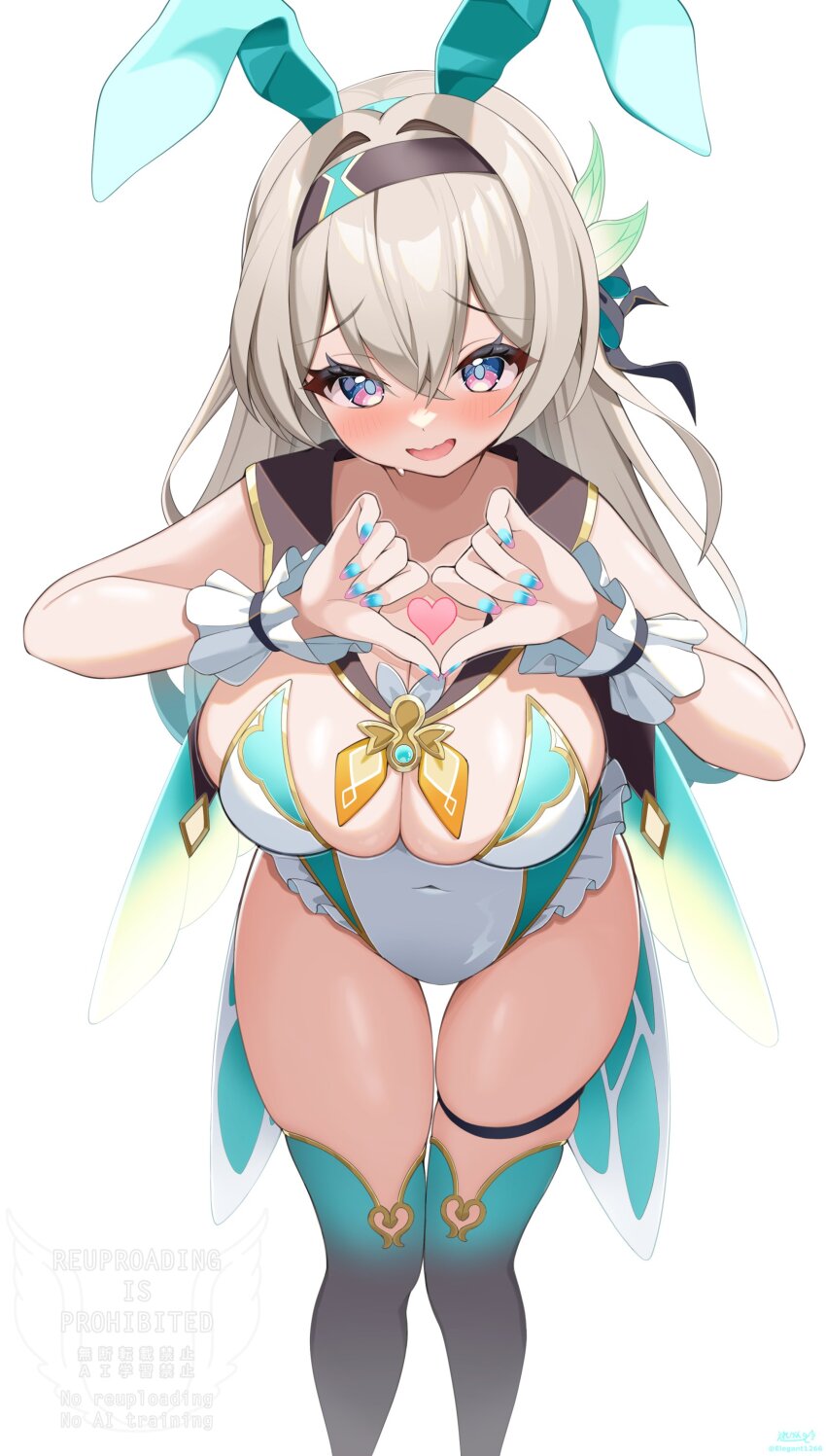 1girl absurdres alternate_costume animal_ears aqua_nails aqua_thighhighs black_hairband blush breasts cleavage collarbone commentary covered_navel elegant_(sumisumi4268) fake_animal_ears fingernails firefly_(honkai:_star_rail) frilled_wrist_cuffs frills grey_hair hairband hands_up heart heart_hands highres honkai:_star_rail honkai_(series) large_breasts leaning_forward leotard long_hair looking_at_viewer nail_polish open_mouth playboy_bunny purple_eyes rabbit_ears solo thigh_gap thighhighs very_long_hair white_background white_leotard white_wrist_cuffs wrist_cuffs