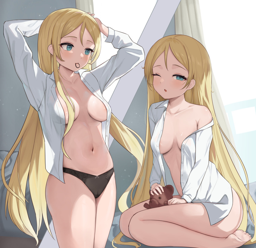 1girl ;o absurdres arms_up barefoot black_panties blonde_hair blue_eyes blush bottomless breasts breasts_apart collarbone collared_shirt commentary commission ellie_quickhand feet hair_tie_in_mouth highres indoors last_origin long_hair long_sleeves looking_at_viewer medium_breasts mouth_hold navel no_bra off_shoulder one_eye_closed open_clothes open_mouth open_shirt panties pixiv_commission seiza shirt shou_ienaga sitting standing stomach stuffed_animal stuffed_toy teddy_bear underwear very_long_hair white_shirt