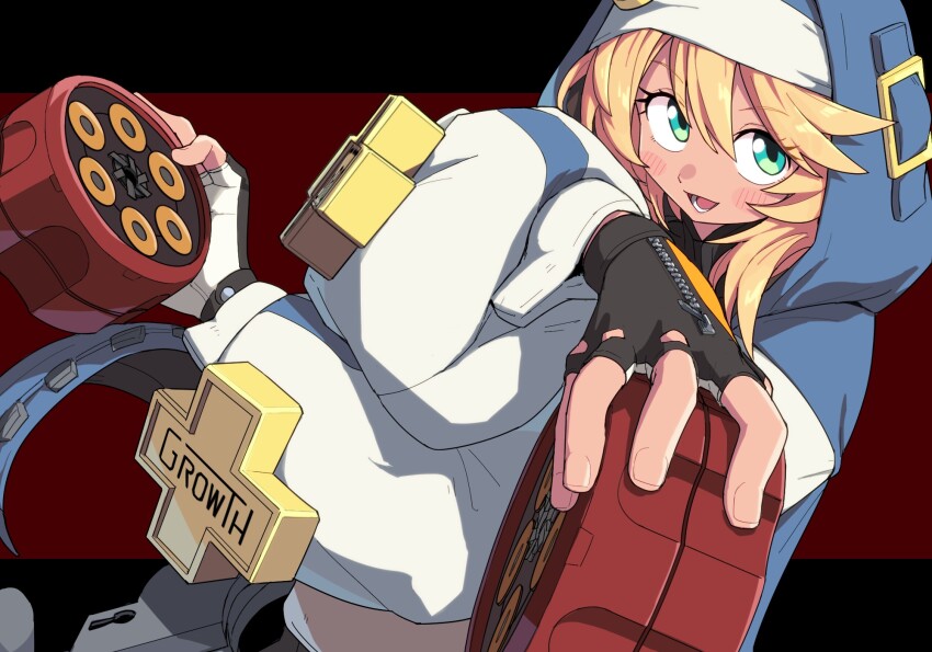 1girl blonde_hair blue_eyes blush bridget_(guilty_gear) commentary female_focus fingerless_gloves gloves green_eyes guilty_gear guilty_gear_strive hair_between_eyes highres holding hood hood_up hooded_jacket jacket long_sleeves looking_at_viewer open_mouth simple_background solo two-tone_background x_arms yachima_tana yo-yo zipper