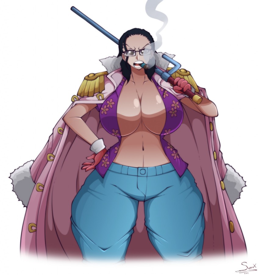 1girl artist_name ass black_eyes black_hair breasts cigar cowboy_shot curvy dual_persona female_focus glasses gloves hair_pulled_back hand_on_own_hip highres holding holding_weapon huge_ass jacket jacket_on_shoulders large_breasts navel one_piece open_clothes open_mouth over_shoulder pink_jacket purple_shirt red_gloves shirt smoke smoker_(one_piece) smoking solo superix tashigi v-shaped_eyebrows weapon