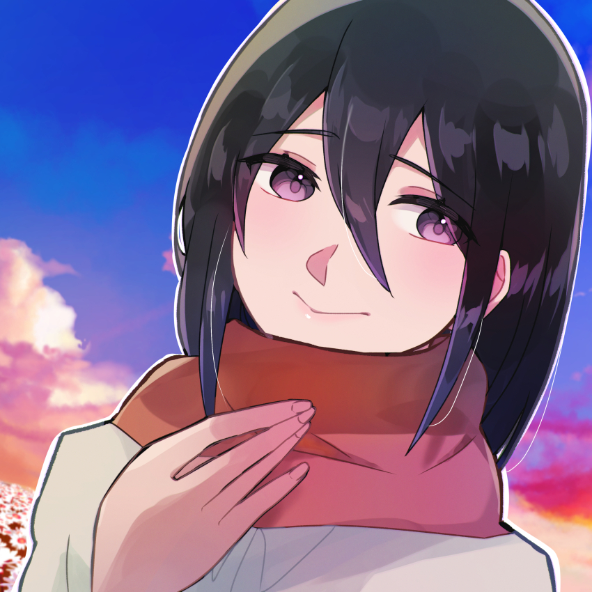 1girl absurdres black_eyes black_hair blue_sky closed_mouth cloud commentary flower gradient_sky hair_between_eyes highres looking_at_viewer mikasa_ackerman red_scarf scarf shingeki_no_kyojin shirt short_hair sky solo sunset user_jxte3374 white_shirt