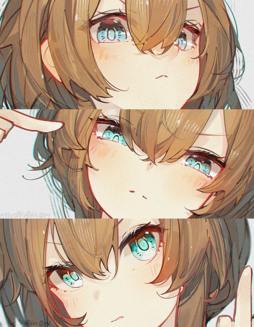 :&lt; amiya_(arknights) angry arknights artist_name blue_eyes brown_hair chinese_commentary chromatic_aberration close-up commentary hair_between_eyes highres multiple_expressions openvl pointing pointing_at_self