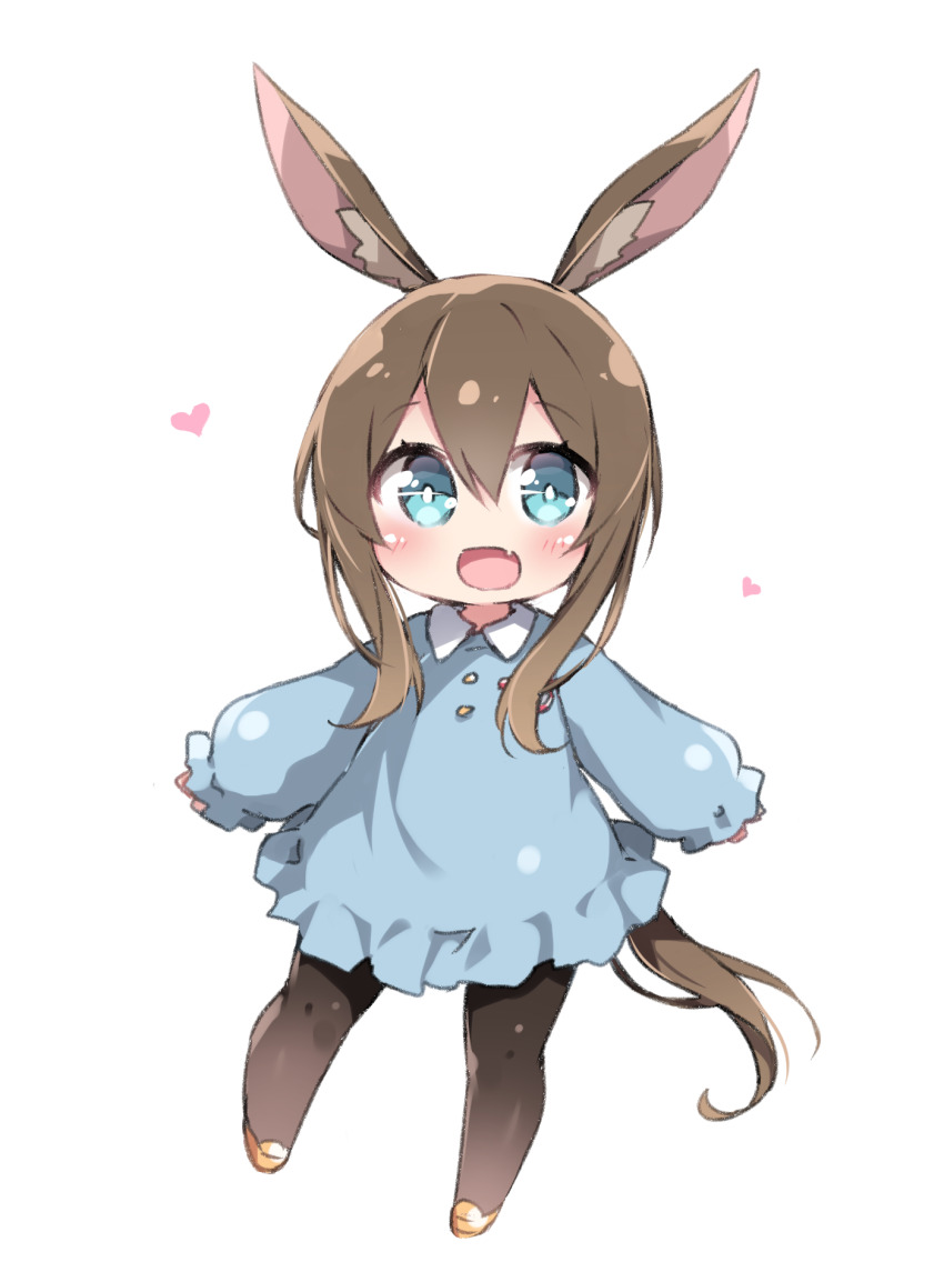 1girl aged_down amiya_(arknights) animal_ear_fluff animal_ears arknights black_pantyhose blue_eyes blue_shirt blush brown_hair child commentary_request fang hair_between_eyes heart highres long_hair long_sleeves open_mouth pantyhose ponytail rabbit_ears rabbit_girl shirt skin_fang sleeves_past_wrists solo tamase_tama very_long_hair