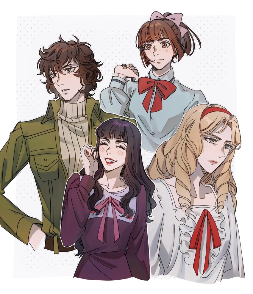 4girls androgynous arikura_tomoko belt black_hair blonde_hair blue_shirt blush bow brown_eyes brown_hair closed_eyes closed_mouth collared_shirt dress freckles frills green_jacket hair_bow hand_up highres ichinomiya_fukiko jacket lipstick long_hair makeup multiple_girls nail_polish oniisama_e... orihara_kaoru pink_ribbon ponytail purple_dress red_bow red_lips red_nails red_ribbon ribbon seirorath shinobu_mariko shirt short_hair simple_background smile turtleneck wavy_hair white_background white_dress yellow_eyes