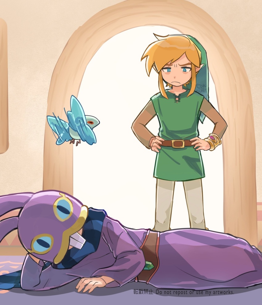 2boys animal_hood annoyed artist_name blonde_hair blue_eyes blue_scarf brown_shirt closed_mouth commentary frown green_headwear green_tunic hand_up hands_on_own_hips hat highres hood hood_up leggings link long_sleeves looking_at_another lying male_focus multiple_boys nintendo on_side pointy_ears purple_robe rabbit_hood ravio robe scarf sheerow shirt short_hair sidelocks standing striped_clothes striped_scarf symbol-only_commentary the_legend_of_zelda the_legend_of_zelda:_a_link_between_worlds tok_nuts tunic watermark
