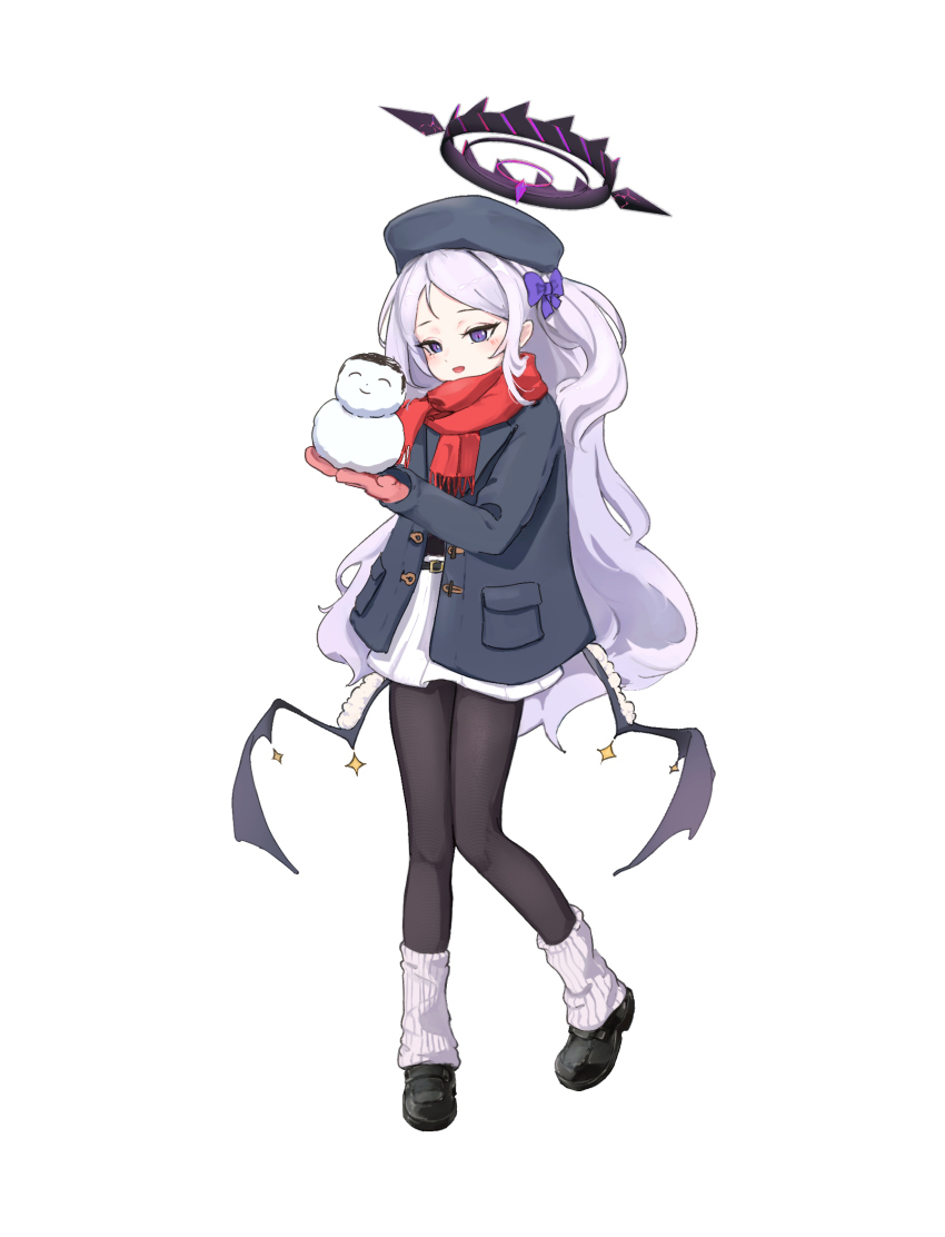 1girl :d alternate_costume alternate_hairstyle black_coat black_hat black_pantyhose black_shoes blue_archive bow cameo carrying casual character_snowman coat commentary_request demon_girl demon_horns demon_wings doodle_sensei_(blue_archive) full_body hair_bow hair_ribbon halo hat highres hina_(blue_archive) horns kneehighs knees_together_feet_apart long_hair long_sleeves looking_at_viewer loose_socks mienpp miniskirt mittens one_side_up open_clothes open_coat open_mouth pantyhose parted_bangs purple_eyes red_mittens red_scarf ribbon scarf sensei_(blue_archive) shoes sidelocks simple_background skirt smile snowman socks solo standing standing_on_one_leg white_background white_hair white_skirt white_socks wings winter_clothes winter_coat