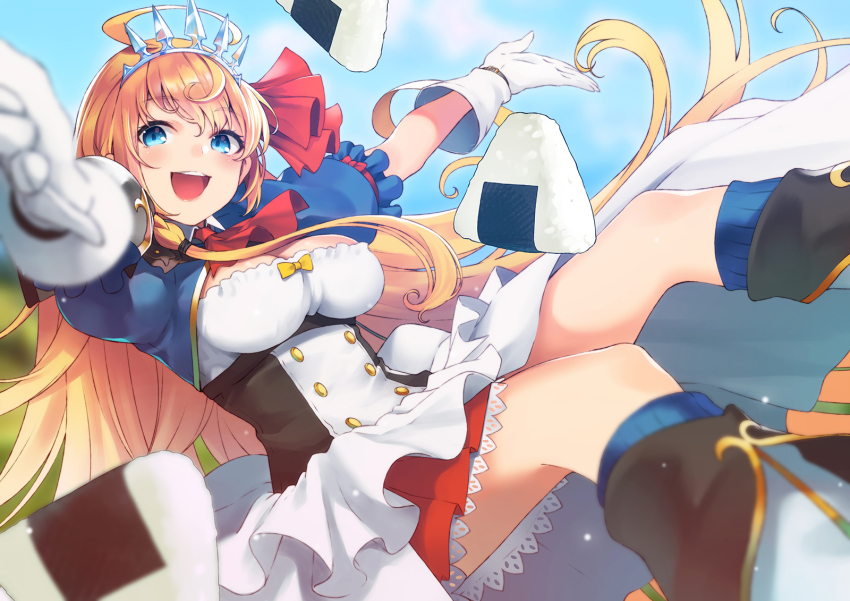 1girl :d ahoge ascot blue_eyes blue_sky blue_socks blurry boots breasts cleavage commentary_request day depth_of_field dress dutch_angle female_focus food foreshortening gloves highres kneehighs long_hair looking_at_viewer medium_breasts onigiri open_mouth orange_hair outstretched_arms pecorine_(princess_connect!) princess_connect! retsuna short_sleeves sitting sky smile socks solo tiara very_long_hair white_gloves wing_collar