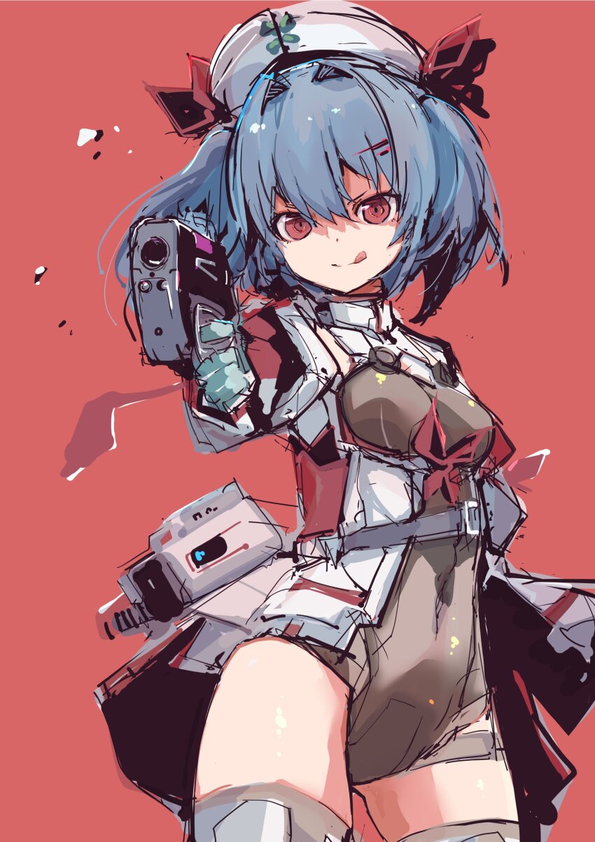 1girl :p absurdres blue_hair breasts colphne_(girls&#039;_frontline_2) colphne_(silent_heart)_(girls&#039;_frontline_2) cowboy_shot girls&#039;_frontline girls&#039;_frontline_2:_exilium hat highres medium_breasts medium_hair red_eyes sketch solo taurus_curve thighhighs tongue tongue_out yoto_(rinlin2)