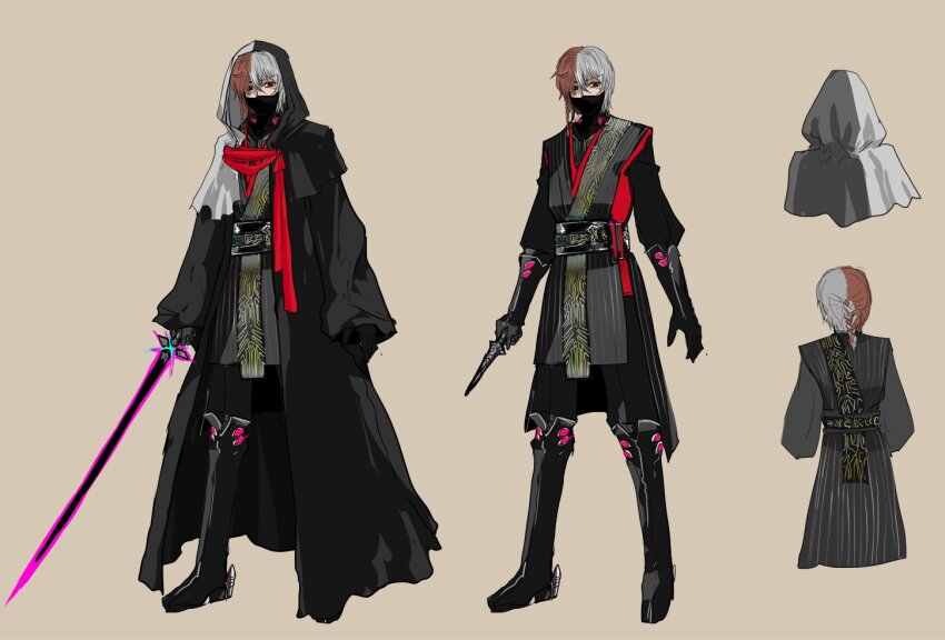 1boy antonio_salieri_(exhibition_attire)_(fate) antonio_salieri_(fate) black_boots black_cloak black_eyes black_gloves black_mask black_pants black_sash black_shirt boots braid brown_hair cloak dagger fate/grand_order fate_(series) full_body gloves grey_hair grey_kimono hair_between_eyes heterochromia holding holding_dagger holding_knife holding_sword holding_weapon hood hood_up japanese_clothes kimono knife long_sleeves looking_at_viewer male_focus mask medium_hair mouth_mask multicolored_cloak multicolored_hair multiple_views pants pfalz red_eyes reference_sheet sash shirt side_braid simple_background split-color_hair standing sword two-tone_cloak weapon white_cloak yellow_background