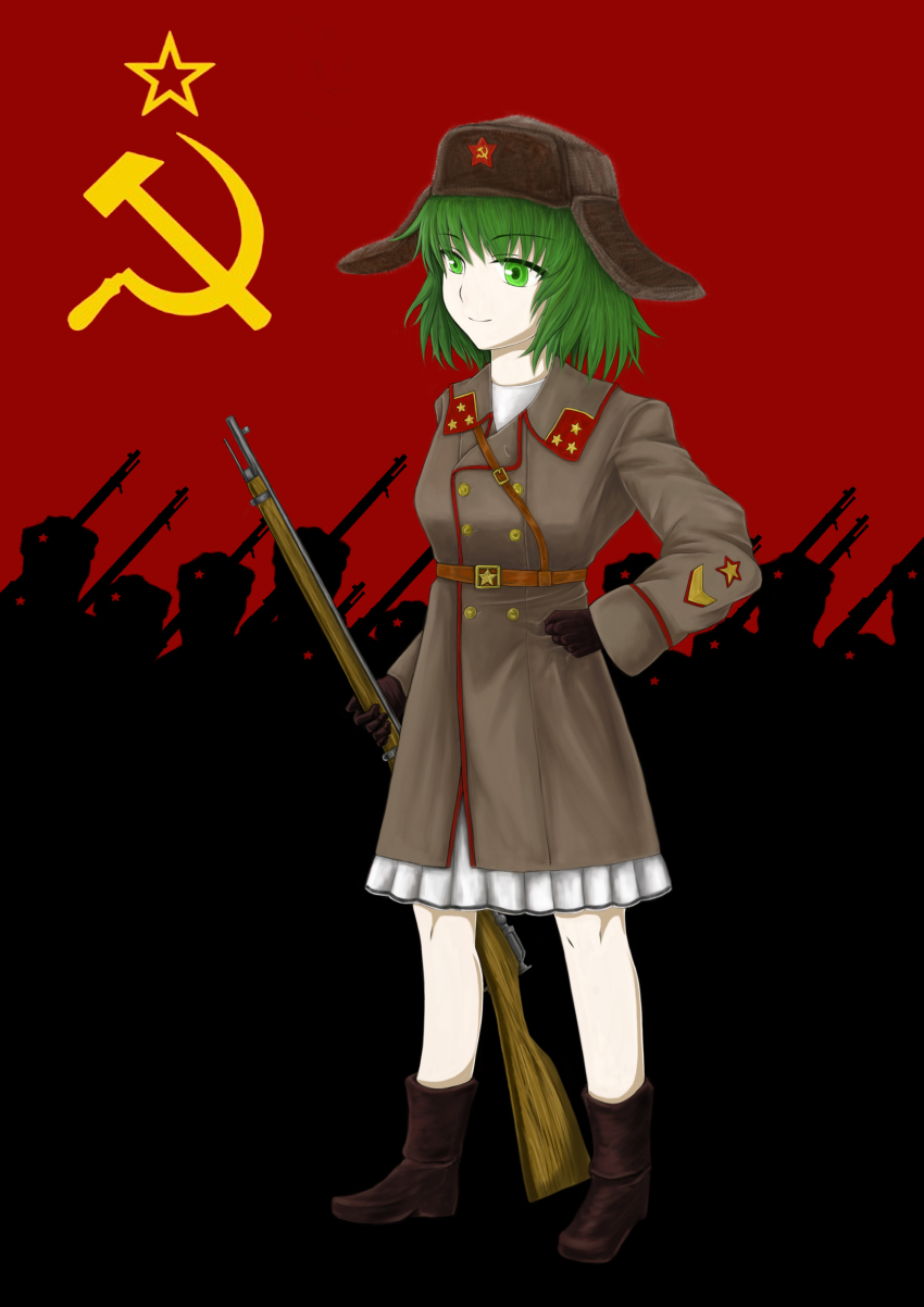 1girl 6+boys absurdres boots earflap_hat fur_hat green_eyes green_hair gun hammer_and_sickle hat highres kasodani_kyouko military military_uniform multiple_boys red_background rifle short_hair simple_background smile solo_focus soviet soviet_flag standing star_(symbol) tagme theo1227 touhou ushanka ussr weapon
