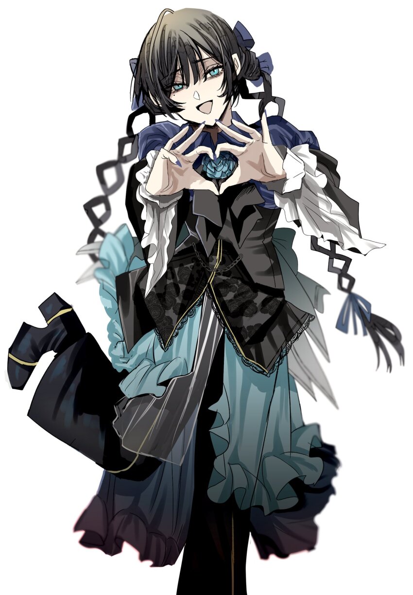 1girl ado_(utaite) black_hair black_jacket black_pants blue_eyes blue_nails blue_skirt chando_(ado) commentary four-finger_heart_hands gunjyou_(gunjyou_00) heart heart_hands highres jacket long_hair long_sleeves mole mole_under_eye nail_polish open_mouth pants simple_background skirt solo symbol-only_commentary utaite white_background