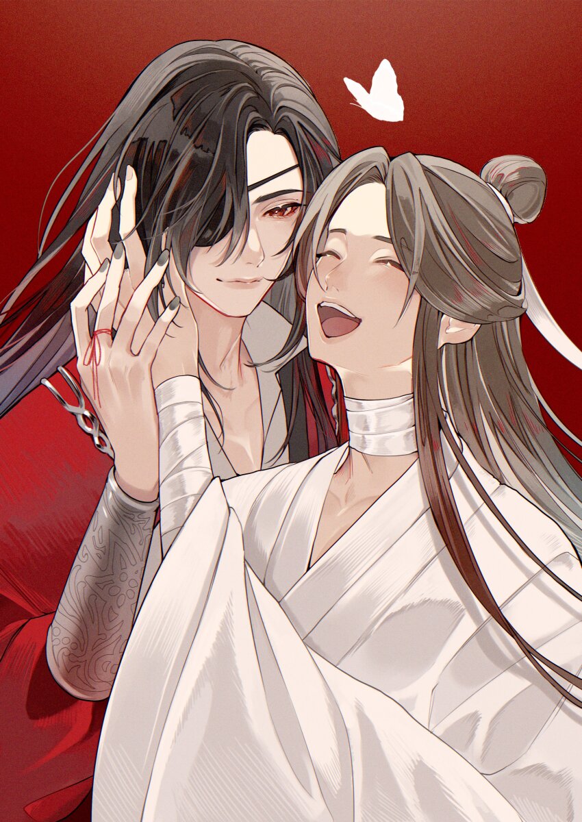 2boys :d absurdres bandaged_arm bandaged_neck bandages bishounen black_hair black_nails brown_hair bug butterfly chinese_clothes closed_eyes closed_mouth eyepatch hair_bun hair_ribbon hanfu happy highres holding_hands hua_cheng insect long_hair long_sleeves looking_at_another male_focus multiple_boys nail_polish one_eye_covered open_mouth red_background red_eyes red_hanfu ribbon robe sidelocks simple_background single_hair_bun smile string string_of_fate tianguan_cifu tsubame-shi_(tubame) upper_body white_butterfly white_hanfu white_ribbon wide_sleeves xie_lian yaoi