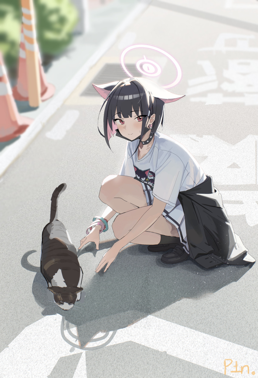 1girl absurdres animal_ears artist_name bare_legs black_cardigan black_choker black_hair black_mask black_shoes black_socks blue_archive blush bracelet cardigan cardigan_around_waist cat_ears choker clothes_around_waist collarbone colored_skin commentary_request extra_ears grey_skin halo highres jewelry kazusa_(band)_(blue_archive) kazusa_(blue_archive) kneehighs loafers logo_print mask mask_pull mouth_mask multicolored_hair official_alternate_costume outdoors p1n pink_hair pleated_skirt road shoes short_hair skirt smile socks solo squatting street sweatdrop two-tone_hair white_hair