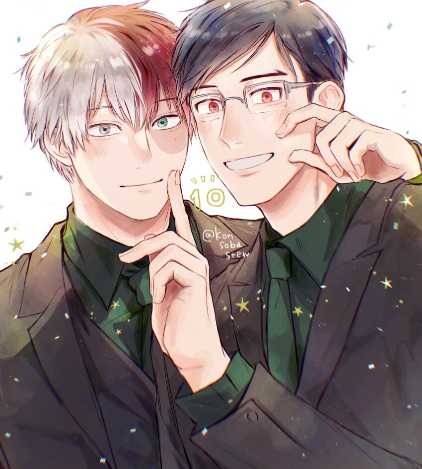 2boys black_hair black_jacket blush boku_no_hero_academia confetti finger_counting fingernails green_necktie green_shirt grin heterochromia highres iida_tenya jacket konsobastew looking_at_viewer male_focus multicolored_hair multiple_boys necktie rectangular_eyewear red_hair scar scar_on_face shirt sideburns smile split-color_hair star_(symbol) todoroki_shoto twitter_username white_hair