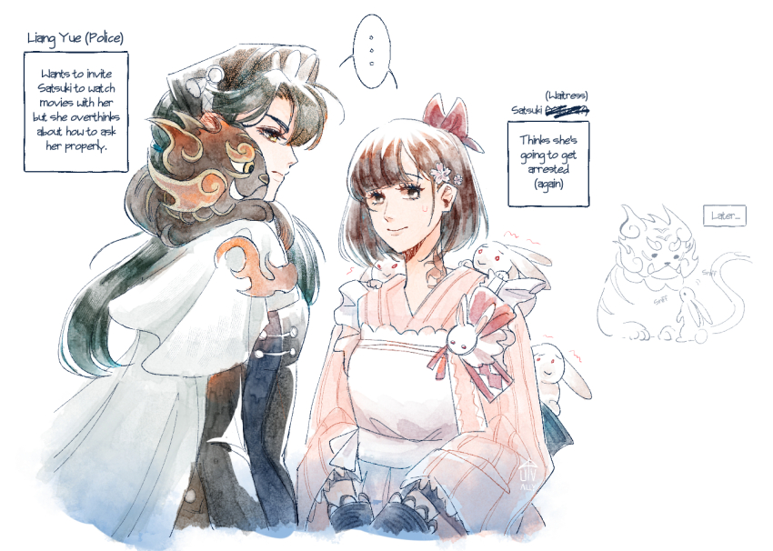 ... 2girls animal animal_on_shoulder apron beret black_hair black_hat black_skirt bob_cut bow brown_hair cape character_name cherry_blossoms chin_strap creature creature_on_shoulder cuffs english_text flower frilled_apron frills hair_bow hair_flower hair_ornament hat japanese_clothes kimono liang_yue_(reverse:1999) long_hair low_twintails maid multiple_girls on_shoulder pink_flower pink_kimono pinstripe_kimono pinstripe_pattern police police_uniform policewoman profile qiangliang_(reverse:1999) rabbit red_bow reverse:1999 satsuki_(reverse:1999) shared_speech_bubble short_hair skirt speech_bubble spoken_ellipsis striped_clothes striped_kimono sweat twintails uncanonvalley upper_body vertical-striped_clothes vertical-striped_kimono wa_maid white_apron white_background white_cape yellow_eyes