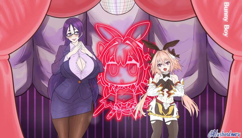 1boy 1girl animal_ears astolfo_(fate) black_thighhighs blush breasts brown_pantyhose cleavage cleavage_cutout clothing_cutout detached_sleeves fake_animal_ears fate/grand_order fate_(series) formal_clothes glasses highres husbandmaru large_breasts leotard long_sleeves minamoto_no_raikou_(fate) pantyhose pencil_skirt pink_hair playboy_bunny puffy_long_sleeves puffy_sleeves purple_eyes purple_hair purple_suit skirt smile suit thighhighs twitter_username