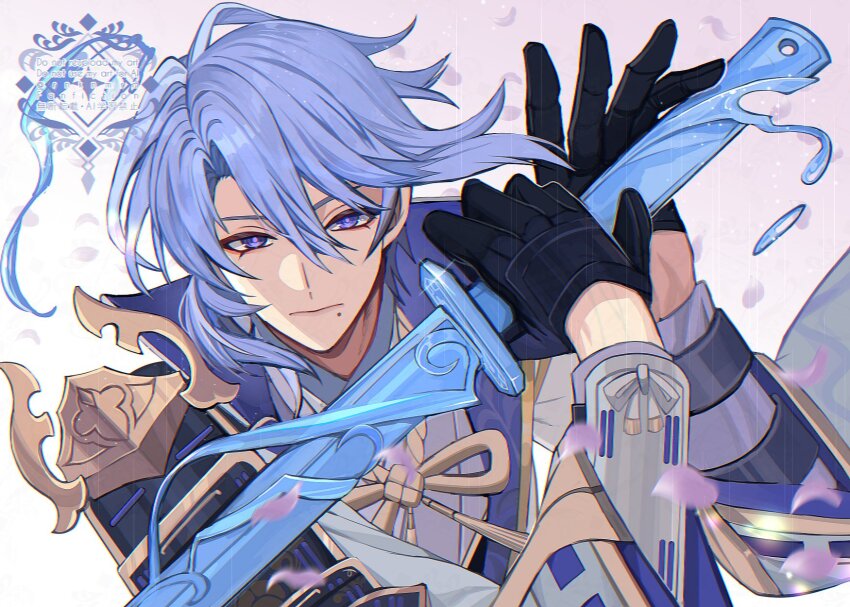 1boy arm_guards armor artist_name black_gloves blue_hair cherry_blossoms closed_mouth commentary_request falling_petals genshin_impact gloves gold_trim gradient_background hair_between_eyes hair_over_shoulder hands_up highres hiki_yuichi jacket japanese_armor japanese_clothes kamisato_ayato kimono lapels light_particles long_sleeves looking_at_viewer male_focus medium_hair mole mole_under_mouth open_clothes open_jacket parted_bangs petals pink_background purple_eyes purple_kimono rope shoulder_armor single_sode sode solo tassel twitter_username upper_body v-shaped_eyebrows watermark white_background white_jacket wide_sleeves
