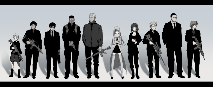 2girls 6+boys absurdres adaptive_combat_rifle assault_rifle bandeau beretta_92 blaser_r93 bolt-action_rifle bolt_action breasts briefcase cleavage crossed_arms eotech eyepatch fn_fnc formal_clothes ghost_in_the_shell ghost_in_the_shell_lineup ghost_in_the_shell:_stand_alone_complex glasses gun gun_sling h&amp;k_g36 handgun height_difference highres jacket johnathan_mar jormungand_(manga) koko_hekmatyar large_breasts lehm lehm_brick letterboxed lineup long_hair lutz_(jormungand) m4_carbine mao_(jormungand) midriff monochrome multiple_boys multiple_girls necktie pistol prototype_design rifle short_hair sniper_rifle socci_renato sofia_valmer straight-pull_rifle straight_pull suit sunglasses suppressor suzuri suzuri_(tennenseki) thighhighs toujou_akihiko trigger_discipline ugo_(jormungand) weapon william_nelson