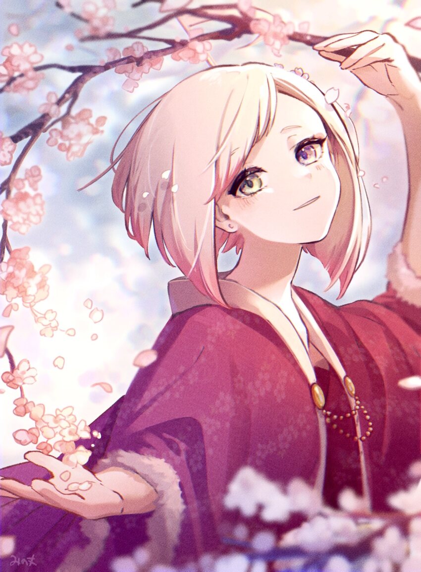 1boy alternate_color artist_name blue_eyes blurry blurry_foreground branch cherry_blossoms falling_petals flower fur-trimmed_sleeves fur_trim green_eyes hand_up heterochromia highres holding holding_branch jacket looking_at_viewer male_focus mi_no_take parted_lips petals pink_flower pink_jacket smile solo upper_body utatane_piko vocaloid white_hair
