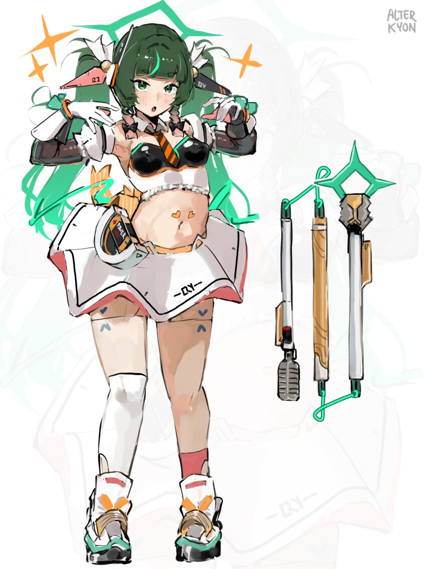1girl alterkyon alternate_costume android artist_name asymmetrical_legwear battery blunt_bangs braid braided_sidelock breasts crop_top detached_collar detached_sleeves full_body gloves gradient_hair green_eyes green_hair hair_ribbon halo headgear heart highres light_blush long_hair looking_at_viewer midriff multicolored_hair navel necktie open_mouth puffy_detached_sleeves puffy_sleeves qingyi_(zenless_zone_zero) ribbon shoes side_braids simple_background skirt small_breasts solo standing striped_necktie three_section_staff twintails white_background white_ribbon white_shoes white_skirt zenless_zone_zero