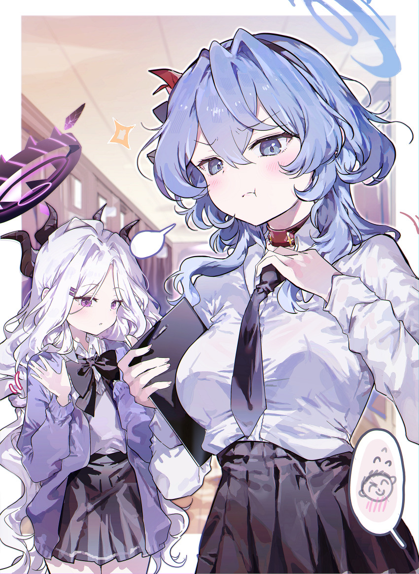 0202ase 2girls :t absurdres ako_(blue_archive) alternate_costume black_bow black_bowtie black_horns black_necktie black_skirt blue_archive blue_eyes blue_hair blush border bow bowtie breasts cardigan clipboard closed_mouth commentary_request demon_girl demon_horns doodle_sensei_(blue_archive) hair_between_eyes hair_intakes hallway highres hina_(blue_archive) holding holding_clipboard horns large_breasts long_sleeves medium_hair multiple_girls necktie open_cardigan open_clothes outside_border purple_cardigan purple_eyes sensei_(blue_archive) shirt shirt_tucked_in skirt spoken_character white_border white_hair white_shirt