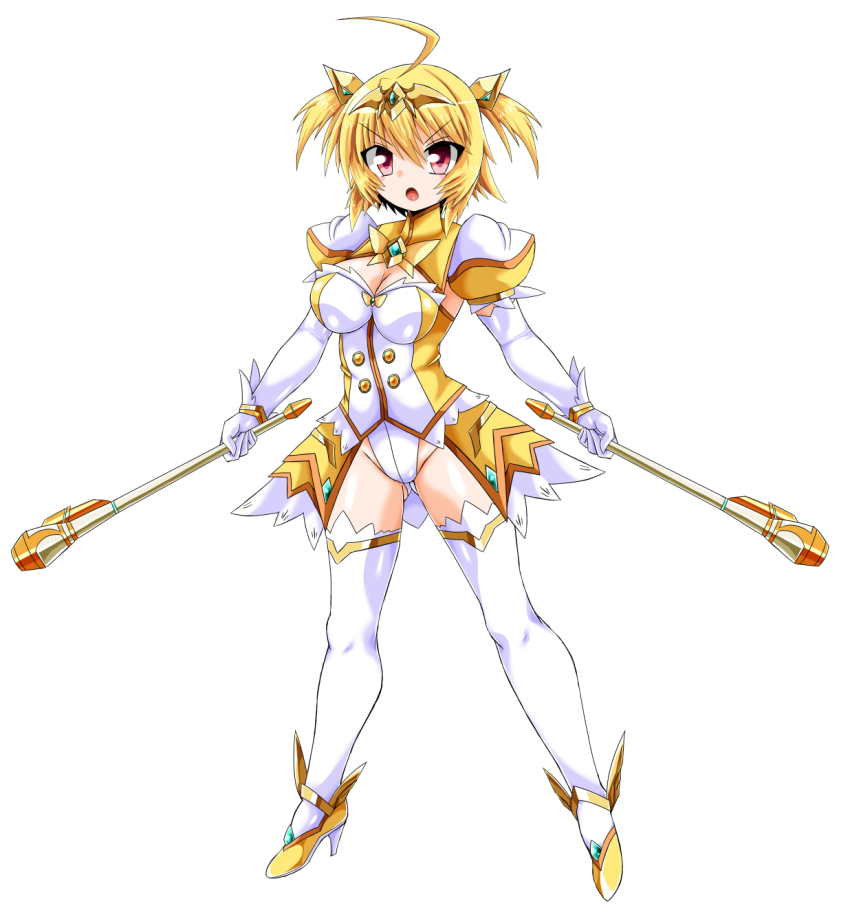 amagi_nao arty_flare blonde_hair elbow_gloves gloves highres holding magical_girl open_mouth red_eyes short_hair showgirl_skirt shrug_(clothing) standing thighhighs ts_magical_girl_nao two_side_up white_gloves white_thighhighs zesuto