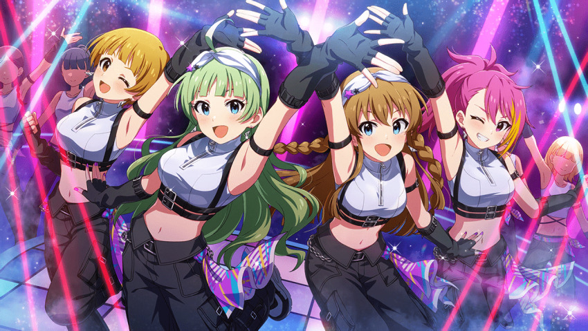 armlet belt black_hair blonde_hair blue_eyes braid brown_eyes brown_hair earrings faceless fingerless_gloves fukuda_noriko game_cg gloves green_hair grin hairband idol_clothes idolmaster idolmaster_million_live! idolmaster_million_live!_theater_days jewelry kousaka_umi maihama_ayumu miraclesonic_expassion_(idolmaster) multicolored_hair nail_polish navel official_art one_eye_closed open_mouth pants pink_hair ponytail purple_eyes shimabara_elena smile sparkle stage_lights zipper