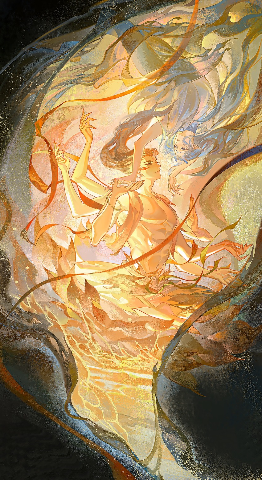 2boys ao_bing_(nezha_zhi_motong_jiangshi) arm_up barefoot blue_eyes blue_hair brown_hair closed_eyes floating floating_hair highres holding_hands jewelry light_particles long_hair looking_at_another male_focus monster_boy multiple_boys nezha_(nezha_zhi_motong_jiangshi) nezha_zhi_motong_jiangshi nude outstretched_arm pectorals pointy_ears reaching ribbon short_hair smile very_long_hair water yaoi yinzinmiemie