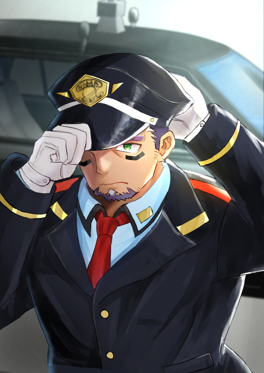 1boy absurdres adjusting_clothes adjusting_headwear bara dark-skinned_male dark_skin facial_hair fyaebcx2jgmtw5h gloves goatee hat_over_one_eye highres live_a_hero mature_male police police_uniform policeman purple_hair shaft_(live_a_hero) short_hair sideburns sideburns_stubble stubble thick_eyebrows two-tone_beard upper_body