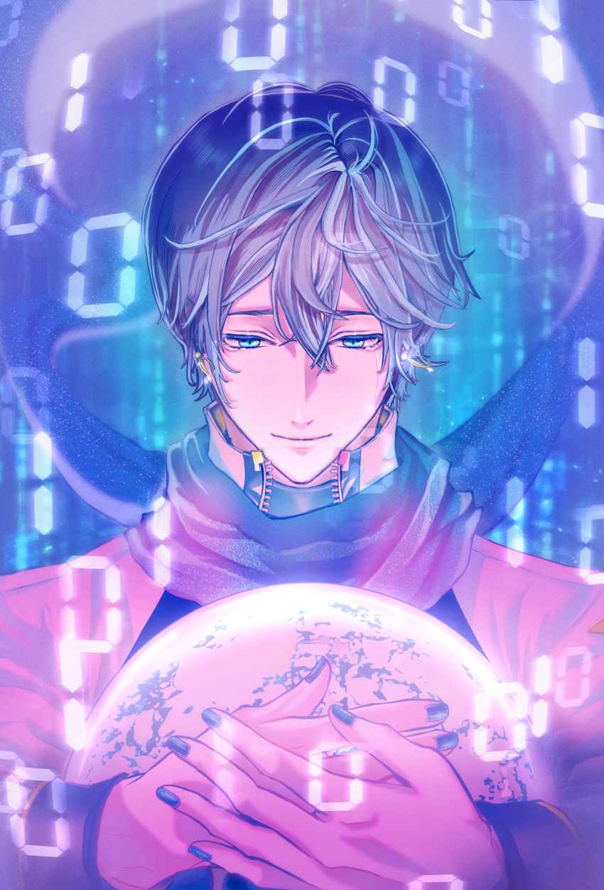 1boy absurdres blue_eyes blue_hair blue_nails blue_scarf coat colored_eyelashes commentary_request crying crying_with_eyes_open daysandayo double-parted_bangs earrings earth_(planet) floating_scarf gold_earrings highres holding_planet jewelry kaito_(vocaloid) kaito_(vocaloid3) light_smile looking_at_object looking_down male_focus overcoat planet scarf short_hair solo tears upper_body vocaloid
