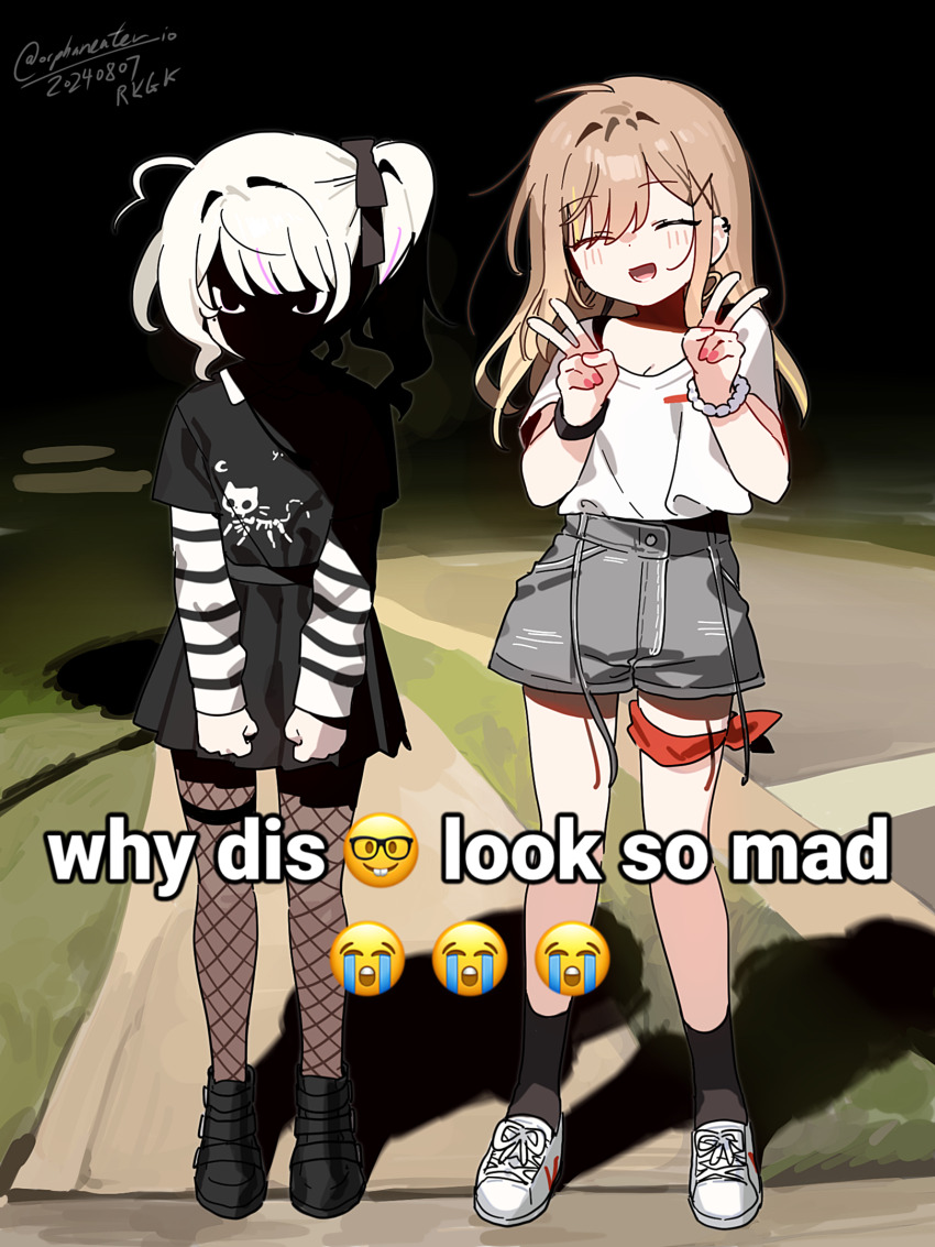 2girls :d ^_^ ahoge animal_print black_bow black_eyes black_shirt black_shoes black_skirt black_socks blonde_hair blunt_bangs blush bow bracelet breasts brown_hair cat_print cleavage clenched_hands closed_eyes crying_emoji dated denim denim_shorts dot_nose double_v emoji english_text eyes_in_shadow face_in_shadow fingernails fishnets full_body glaring grey_shorts hair_bow hair_intakes hands_up highres jewelry layered_sleeves leg_wrap long_hair long_sleeves looking_at_viewer lower_teeth_only medium_hair meme miniskirt mole mole_on_cheek multiple_girls nail_polish nerd_emoji night open_mouth original orphaneater_io parted_bangs pink_nails pleated_skirt print_shirt road shirt shirt_tucked_in shoelaces shoes short_sleeves shorts side_ponytail sidelocks skeleton_print skirt small_breasts smile sneakers socks standing street striped_sleeves teeth twitter_username v white_shirt white_shoes why_dis_ninja_look_so_mad_(meme)