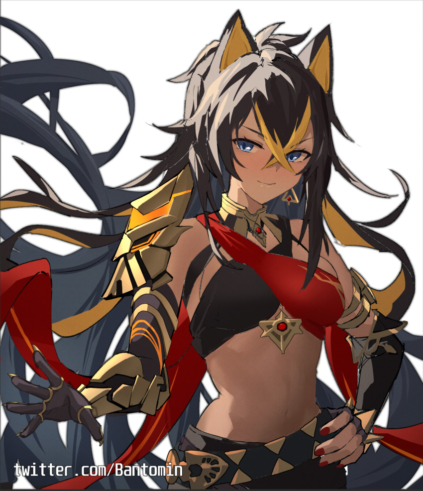1girl armor artist_name bantomin belt black_hair blue_eyes breasts closed_mouth commentary_request crossed_bangs dehya_(genshin_impact) genshin_impact hair_between_eyes hair_ears highres looking_at_viewer medium_breasts midriff red_nails shoulder_armor simple_background smile solo twitter_username upper_body white_background