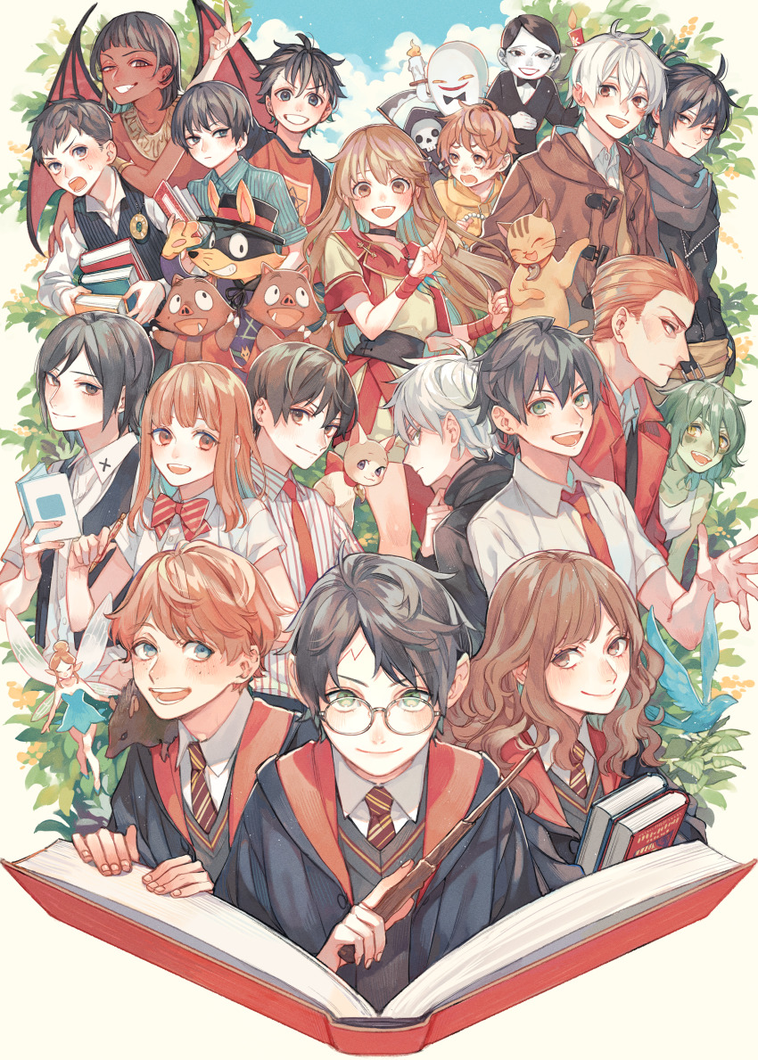 4girls 6+boys absurdres bartimaeus bartimaeus_(character) black_hair black_robe blunt_bangs book brown_eyes brown_hair character_request choker colored_skin darren_shan demon_boy evra_von glasses green_hair green_skin gryffindor harry_potter harry_potter_(series) hermione_granger highres hogwarts_school_uniform holding holding_wand jigokudou_reikai_tsushin john_mandrake kaidan_restaurant kaiketsu_zorori kuroki_takakazu larten_crepsley long_coat long_hair makafushigi_neko_musubi monster_boy multiple_boys multiple_girls necktie nezumi_(no.6) no.6 open_book orange_hair ponytail rindou_runa robe ron_weasley scar scar_on_face scar_on_forehead school_uniform shion_(no.6) short_ponytail smile snake steve_leonard striped_necktie tachibana_aya_(tantei_team_kz_jiken_note) tantei_team_kz_jiken_note the_saga_of_darren_shan toshiki_(joli) wakatake_kazuomi wand white_hair wizarding_world youkai_navi_runa zorori