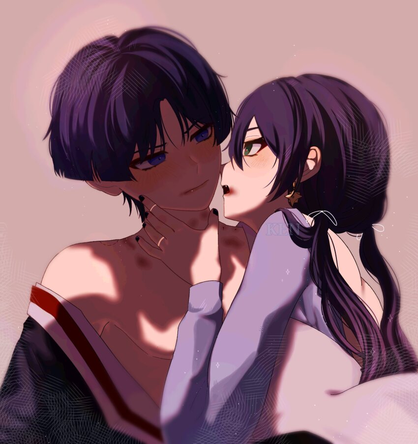 1boy 1girl alternate_costume alternate_hairstyle alternate_species artist_name assertive_female backless_dress backless_outfit bite_mark bite_mark_on_shoulder black_kimono black_nails blunt_ends blush brown_background closed_mouth couple dress earrings fangs fangs_out genshin_impact girl_on_top green_eyes hair_tie han&#039;eri hand_on_another&#039;s_neck hetero hickey highres imminent_bite japanese_clothes jewelry kimono layered_kimono leaning_back lipgloss long_hair long_sleeves looking_at_another low_twintails mona_(genshin_impact) moriko_ken11 multiple_rings open_clothes open_kimono open_mouth pectorals purple_dress purple_eyes purple_hair purple_sleeves red_kimono red_lips ring scaramouche_(genshin_impact) single_off_shoulder star_(symbol) star_earrings tsurime twintails under_covers vampire white_kimono