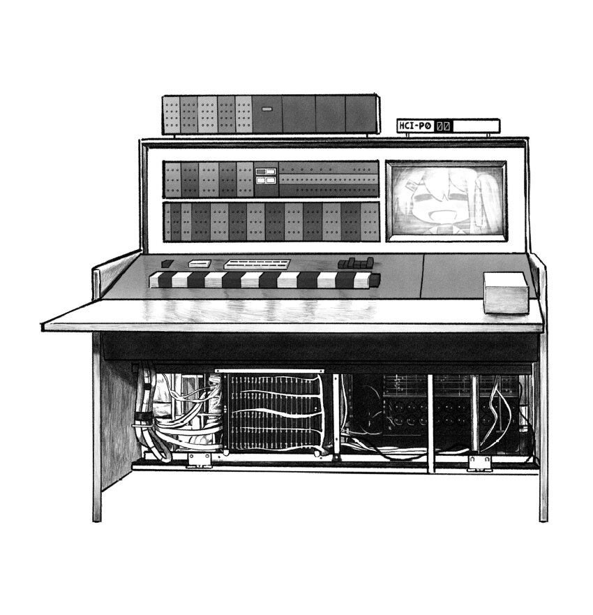 1girl =_= a.i._voice adachi_rei cable computer greyscale highres ibm ibm_7094 kilsturgeon monitor monochrome object_focus one_side_up open_mouth parody simple_background smile solo utau