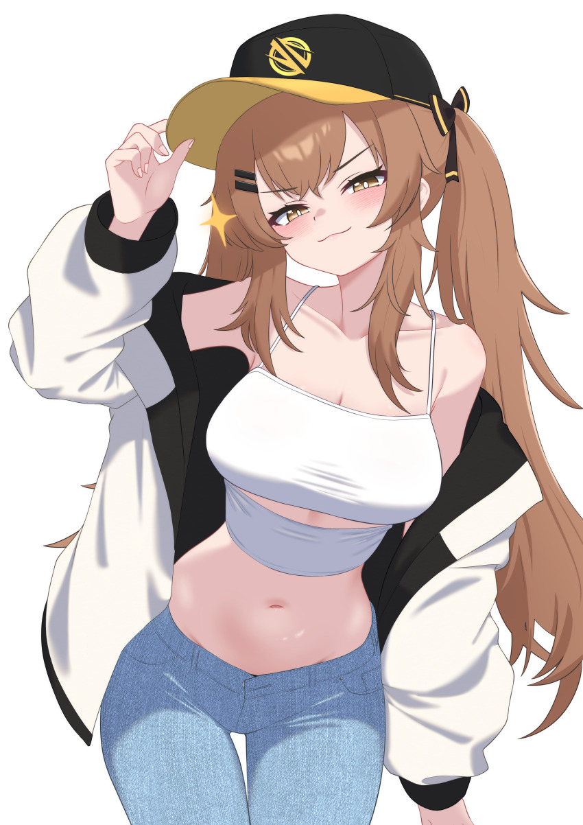 1girl :3 absurdres bare_shoulders baseball baseball_cap black_hat blue_pants bow breasts bright_pupils brown_eyes brown_hair closed_mouth clothing_cutout collarbone cowboy_shot crop_top denim girls&#039;_frontline girls&#039;_frontline_2:_exilium hair_bow hair_ornament hairclip hand_on_headwear hand_up hat highres jacket lenna_(girls&#039;_frontline_2) long_hair long_sleeves looking_at_viewer medium_breasts midriff navel off_shoulder oldsickkim open_clothes open_jacket pants shirt sidelocks simple_background sleeveless sleeveless_shirt smile solo spaghetti_strap sparkle standing stomach thigh_gap twintails ump9_(girls&#039;_frontline) v-shaped_eyebrows very_long_hair white_background white_jacket white_shirt