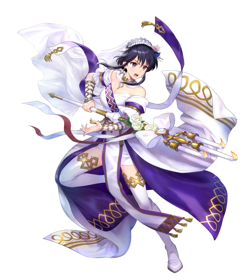 1girl attack black_hair breasts bridal_veil candle candlestand cleavage dress fighting_stance fire_emblem fire_emblem:_genealogy_of_the_holy_war fire_emblem_heroes high_heels highres holding holding_candle larcei_(bride)_(fire_emblem) larcei_(fire_emblem) medium_breasts nintendo non-web_source official_alternate_costume official_art open_mouth pelvic_curtain purple_dress purple_eyes short_hair short_hair_with_long_locks solo thighhighs two-sided_dress two-sided_fabric veil white_dress