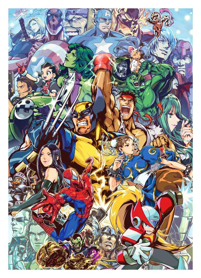 00s 10s 6+boys 6+girls absurdres albert_wesker amaterasu_(ookami) animal_ears animal_hands animification arm_up armor bare_shoulders beard belt big_hair bionic_commando black_hair blonde_hair blue_eyes blue_hair bracelet brown_eyes brown_hair bruce_banner bug bun_cover capcom captain_america cat_ears china_dress chinese_clothes choker chris_redfield chun-li claws closed_eyes coat colored_skin dante_(devil_may_cry) deadpool deadpool_(series) detached_sleeves devil_may_cry_(series) doctor_doom dormammu double_bun dougi dreadlocks dress earrings electricity energy_sword everyone facial_hair fangs felicia_(darkstalkers) fingerless_gloves fire fur gloves green_eyes green_hair green_skin gun hair_bun hairband hammer handgun head_wings headband headset helmet highres hood huge_filesize hulk iron_man jennifer_walters jewelry katana kicking knight leg_lift long_hair magneto makaimura martial_arts_belt marvel marvel_vs._capcom marvel_vs._capcom_3 mask mega_man_(series) mega_man_legends_(series) mega_man_x_(series) miho_mori modok morrigan_aensland multiple_boys multiple_girls mustache nathan_spencer official_art ookami_(game) open_mouth orange_hair pantyhose pelvic_curtain pointy_ears red_eyes resident_evil ribbon ryu_(street_fighter) she-hulk sheath sheathed shield sir_arthur_(makaimura) skull sparkle spider spider-man spider-man_(series) spiked_bracelet spikes star_(symbol) steve_rogers street_fighter sunglasses super-skrull sword teeth thor_(marvel) tongue trench_coat trish_(devil_may_cry) tron_bonne_(mega_man) twirling_hair darkstalkers veins viewtiful_joe viewtiful_joe_(character) weapon white_hair winged_helmet wings wolf wolverine_(x-men) x-23 x-men zero_(mega_man)