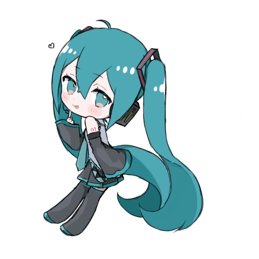 1girl :p ahoge aqua_eyes aqua_hair aqua_necktie black_boots black_skirt blush boots chibi detached_sleeves finger_to_own_chin grey_shirt hair_between_eyes hair_ornament hatsune_miku heart highres long_hair maro_maro_3939 necktie pleated_skirt shirt shoulder_tattoo skirt sleeveless solo tattoo tongue tongue_out twintails very_long_hair vocaloid white_background