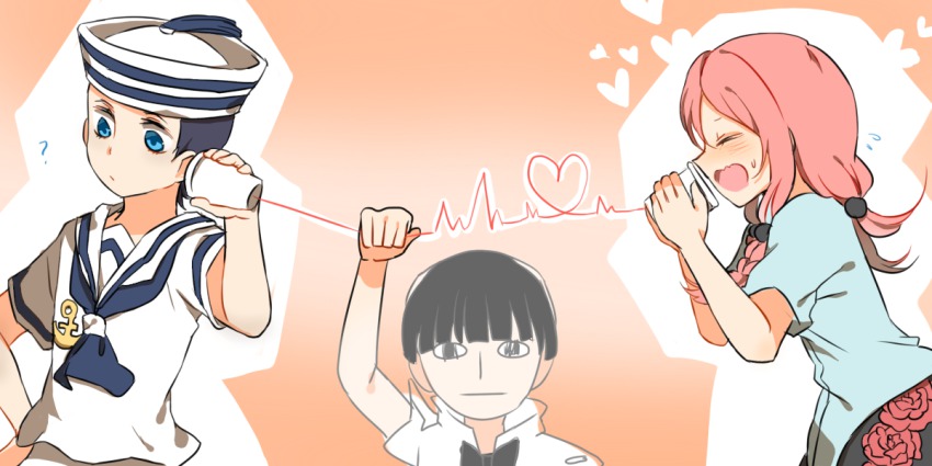 1girl 2boys ? anchor_symbol bad_id bad_pixiv_id blue_eyes bow bowl_cut bowtie dixie_cup_hat dress hat heart heart_of_string higashikata_joshu higashikata_josuke_(jojolion) hirose_yasuho jealous jojo_no_kimyou_na_bouken jojolion military_hat misha_(hoongju) multiple_boys pink_hair sailor sailor_hat spoken_question_mark