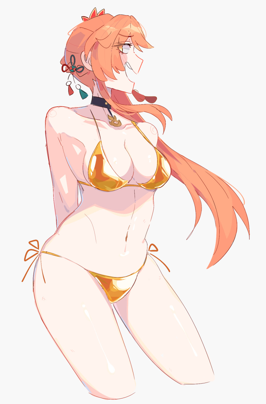 1girl :d bare_shoulders bikini black_choker breasts choker cropped_legs grey_background guinaifen_(honkai:_star_rail) highres honkai:_star_rail honkai_(series) long_hair navel open_mouth orange_hair side-tie_bikini_bottom simple_background smile solo stomach swimsuit thighs unfamousradish very_long_hair yellow_bikini