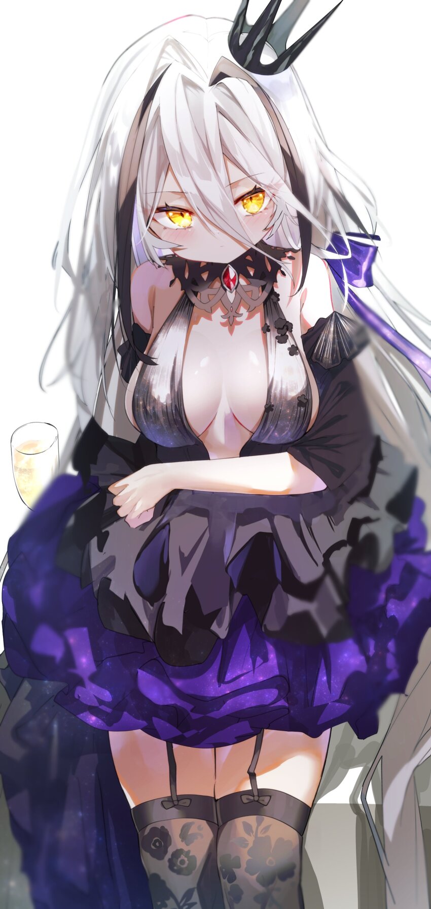 1girl absurdres bare_shoulders blush breasts champagne_flute cowboy_shot crown cup dress drinking_glass evening_gown garter_straps girls&#039;_frontline hair_between_eyes highres kamiya_mitobe long_hair looking_at_viewer medium_breasts multicolored_hair rhino_(girls&#039;_frontline) sideboob skindentation solo streaked_hair thighhighs very_long_hair white_hair yellow_eyes