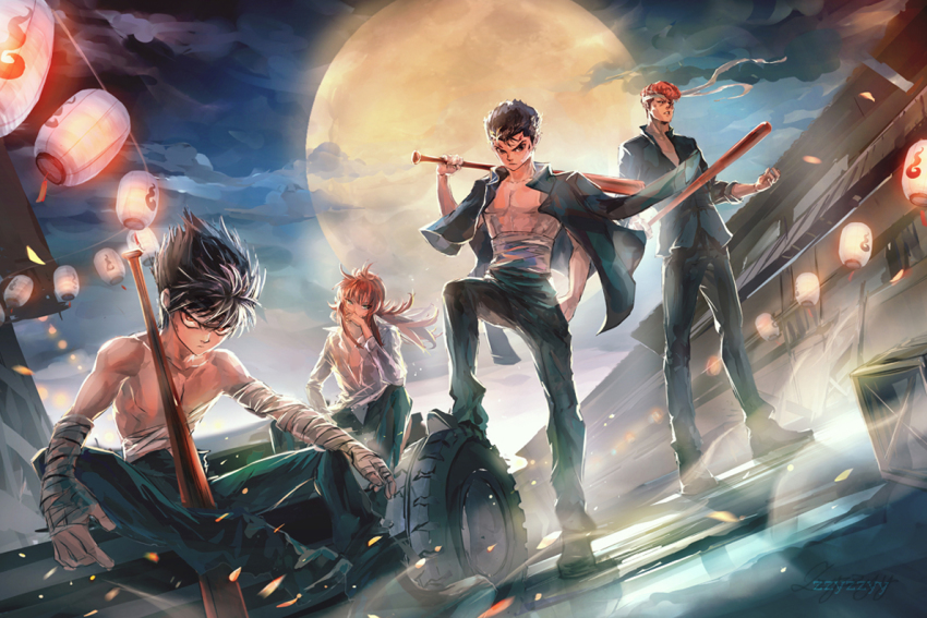 4boys artist_name bandages bare_pectorals baseball_bat black_eyes black_footwear black_hair black_pants cloud cloudy_sky commentary covering_own_mouth fog full_body full_moon gakuran green_eyes hand_in_pocket hand_over_own_mouth hand_wraps headband hiei holding holding_baseball_bat holding_weapon jacket jacket_on_shoulders kurama_(yu_yu_hakusho) kuwabara_kazuma lantern long_hair looking_at_viewer male_focus moon multiple_boys night open_clothes open_shirt orange_hair outdoors over_shoulder pants paper_lantern pectorals pompadour red_eyes red_hair sarashi school_uniform short_hair sitting sky sleeves_rolled_up spiked_hair standing stepping toned toned_male topless_male unused_tire urameshi_yuusuke weapon white_headband yuu_yuu_hakusho zzyzzyy