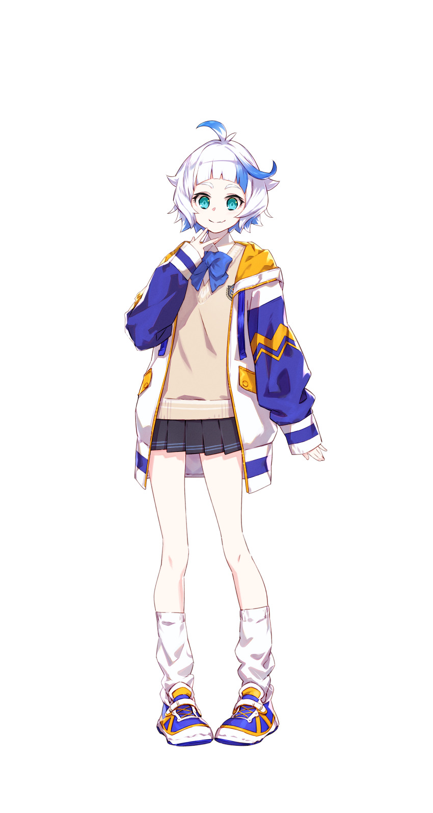 1girl absurdres ahoge aqua_eyes black_skirt blue_bow blue_hair blue_jacket blue_shoes blunt_bangs bow collared_shirt corpse_party corpse_party_ii_darkness_distortion fang full_body highres hood hooded_jacket jacket leg_warmers light_blush long_sleeves looking_at_viewer multicolored_hair multicolored_jacket multicolored_shoes official_art open_clothes open_jacket school_emblem school_uniform shirt shoes short_hair simple_background skin_fang skirt sleeves_past_wrists smile sneakers solo standing streaked_hair sweater tachi-e takanashi_nemu_(corpse_party) transparent_background two-tone_hair v white_hair white_jacket white_leg_warmers white_shirt white_shoes yellow_jacket yellow_shoes